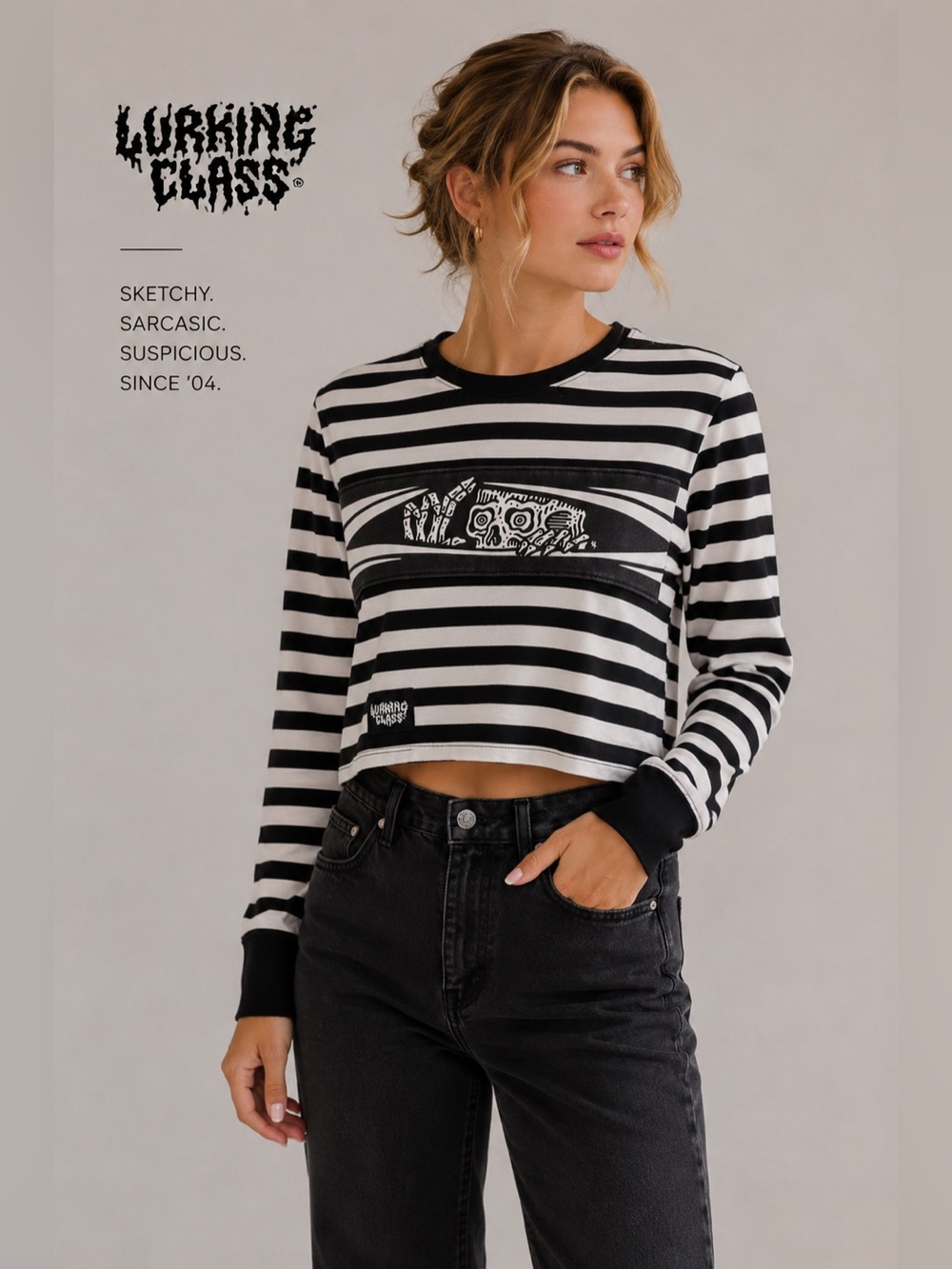 Lurking Class Sketchy Tank Striped Crop Top M Peeking Skull Graphic Women’s B8